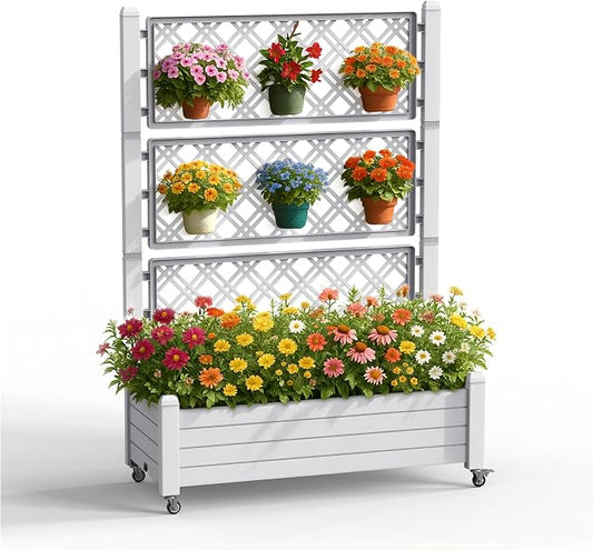 PatioZen Raised Garden Bed with Trellis, 21 Gallon Self Watering Planter Box with Lockable Wheels & Drainage Holes for Climbing Plants Vegetables Flowers, Anti-Rust Resin for Backyard Patio (Ashen)