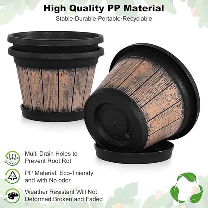 Quarut Plant Pots Set of 3 Pack 9 inch,Whiskey Barrel Planters with Drainage Holes & Saucer.Plastic Decor Flower Pots Imitation Wine Barrel Design,for Indoor & Outdoor Garden Home Plants (Brown)