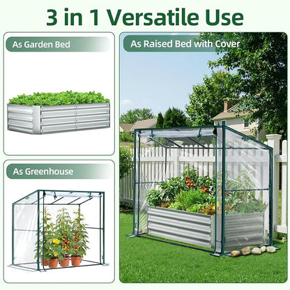 Ohuhu Raised Garden Bed with Cover Outdoor, 4x2x1 FT Galvanized Metal Planter Box with PVC Greenhouse Cover, Protects Plants from Frost Birds Insects, 3-in-1 Gardening Set for Vegetable Flower Herb