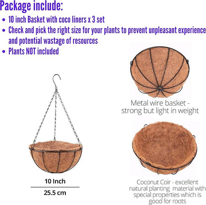 LaLaGreen Hanging Baskets for Plants (3 Pack, 10 Inch) Hanging Planter Outdoor with Coco Liner, Metal Wire Flower Basket Pots Holder Hanger Hook Deck Patio Porch Garden Balcony Outside Decoration