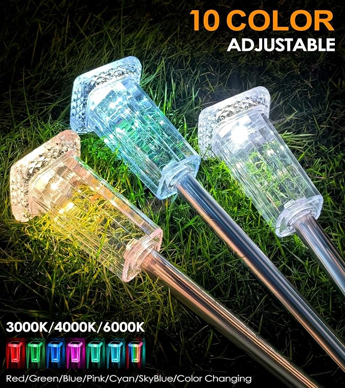 DenicMic Solar Lights Outdoor Waterproof 8 Pack 10 Modes Halloween Decor | 3000K/4000K/6000K/6 Fix Color/Color Changing LED Pathway Yard Garden Walkway Driveway, Acrylic Lampshade Stainless Steel Pole