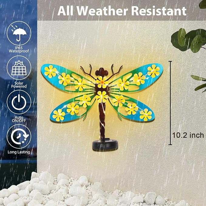 Metal Dragonfly Outdoor Wall Decor with 30 Led Solar Lights- 13.9" Outdoor Fence Wall Art Decor, Gift for Mom Grandma Women Birthday Gardening,Hanging Decoration for Garden Patio Porch Yard