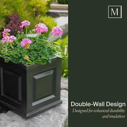 Mayne Nantucket 16-Inch Square Planter – Self-Watering, Weather-Resistant Planter for Flowers – Durable Outdoor Design for Patio, Porch, or Entryway, Black