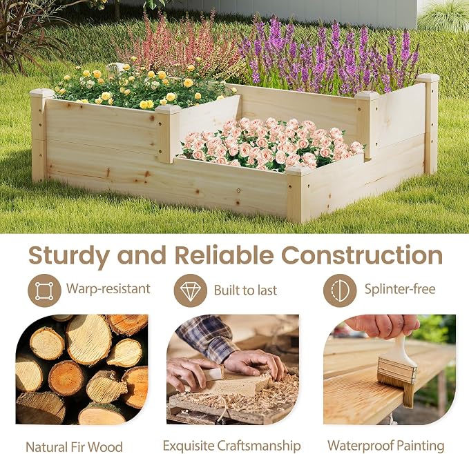 HAPPYGRILL 3-Tier Raised Garden Bed, Wood Elevated Planter Box w/Open-Ended Base, 3 Planting Depths& 2 Arrangement Options for Yard Lawn, Outdoor Planter Raised Beds for Vegetables Herbs Fruits