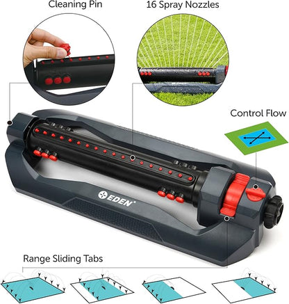Eden 96212 Turbo Oscillating Sprinkler | Covers Up to 4,400 sq. ft., 18 Precision Nozzles, Adjustable Range, Flow Control, Triple Nozzle Width Switches, Turbo Drive Motor, Quick Connect Bundle