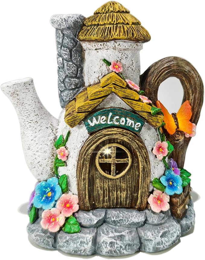Suyorpe Fairy Garden Houses Solar Decor - Garden Statues Teapot House for Patio, Yard, Balcony Decoration, Outdoor Decor Yard Gifts for Mom Women