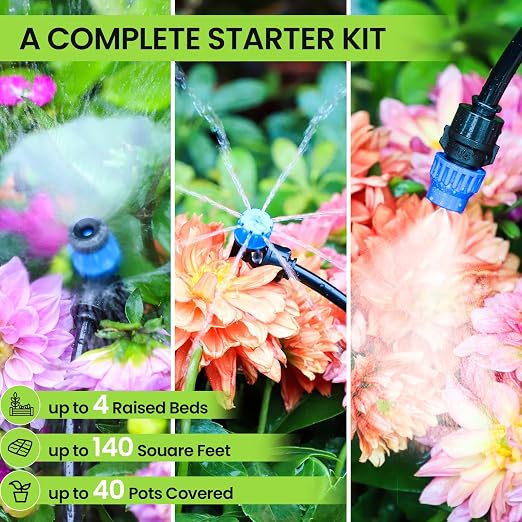 Bonviee 230FT Drip Irrigation System, 33FT 5/16" Mainline, Quick Connect | 33FT 5/16" and 197FT 1/4" Tubing. Garden watering System for Raised Beds, Greenhouses. 70% Water Savings. GRS Certified.