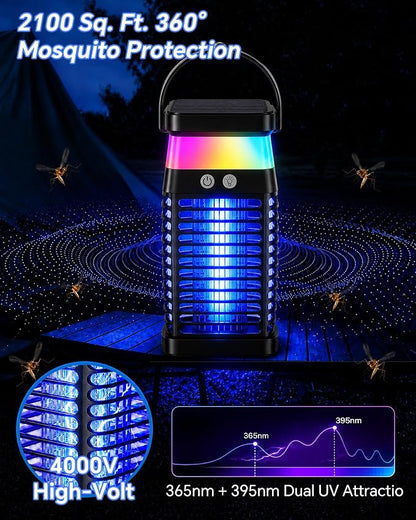 Solar Bug Zapper Outdoor/Indoor, 4000V Electric Mosquito Zapper with Flickering Flame & RGB Atmosphere Light, Cordless Waterproof Rechargeable Mosquito Repellent Outdoor Patio Backyard, Camping, RV