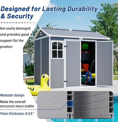 PVWIIK 8x6 ft Resin Outdoor Storage Shed with Floor & Window, Lockable Waterproof All-Weather Utility Shed for Garden Tools & Trash Bins, Gray-White