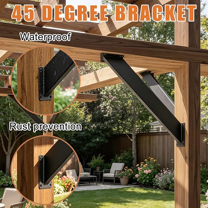 8 Pcs 45 Degree Angle Support Brackets, Heavy Duty Pergola Kit Right Angle Reinforcement Hardware Kit for Wooden Structures, for DIY Pergola Gazebos Tree Houses Patios and Gardens