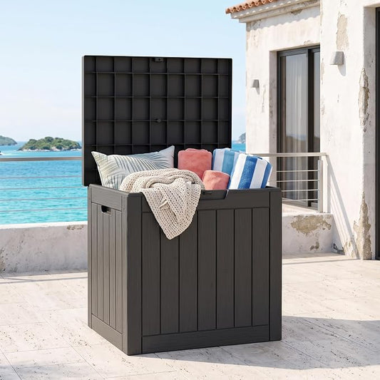 Outdoor Storage Box, 35 Gallon Waterproof Deck Box [Upgraded 3.1], Tool-Free Resin Storage for Patio Cushions, Balcony Pool Toys, Lockable Outside Side Table Ottoman, Balcony, Black