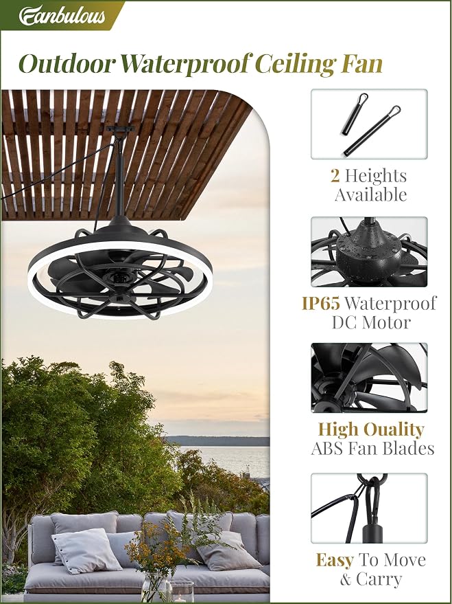 Fanbulous Outdoor Ceiling Fans with Light for Patios, 24" Weatherproof Plug in Ceiling Fan, Gazebo Fan Remote&APP Control, 3CCT Dimmable,Caged Ceiling Fan with Hanging Hook for Porch, Pergola,Canopy