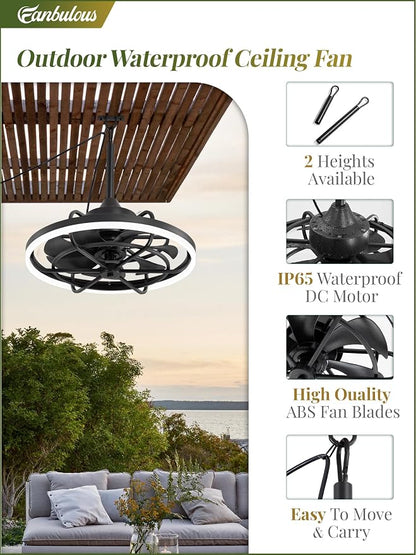 Fanbulous Outdoor Ceiling Fans with Light for Patios, 24" Weatherproof Plug in Ceiling Fan, Gazebo Fan Remote&APP Control, 3CCT Dimmable,Caged Ceiling Fan with Hanging Hook for Porch, Pergola,Canopy