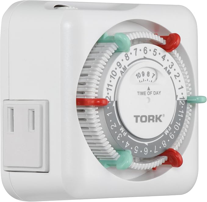 NSi Industries TORK RTN112 Indoor 15-Amp Plug-in Mechanical Appliance Timer 24-Hour Programming – GREEN & RED Trippers TWO Receptacles White