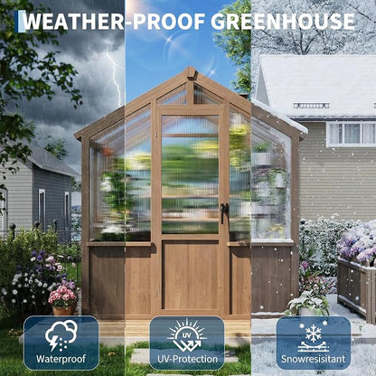 Garvee 6x10 FT Wooden Greenhouse - Walk-in Greenhouses for Outdoors, Large Spruce Frame Green House with PC Panels, Adjustable Roof Vents & Lockable Door, Green Houses for Garden,Backyard,Patio,Lawn