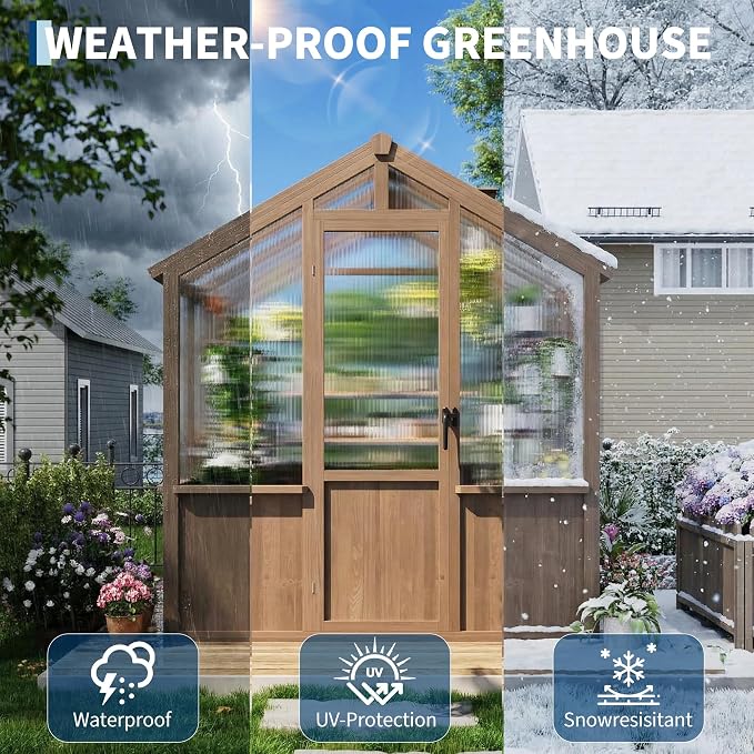 Garvee 6x8 FT Wooden Greenhouse - Walk-in Greenhouses for Outdoors, Large Spruce Frame Green House with PC Panels, Adjustable Roof Vents & Lockable Door, Green Houses for Garden,Backyard,Patio,Lawn
