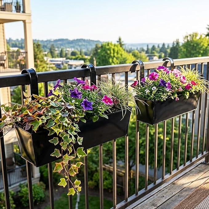 Outdoor Railing Hanging Planter Pot, 17" Metal Planter Pots for Plants, Fence Flower Pot for Porch Balcony with Detachable Hook & Drainage Hole (Rectangular-Black, Pack of 8)