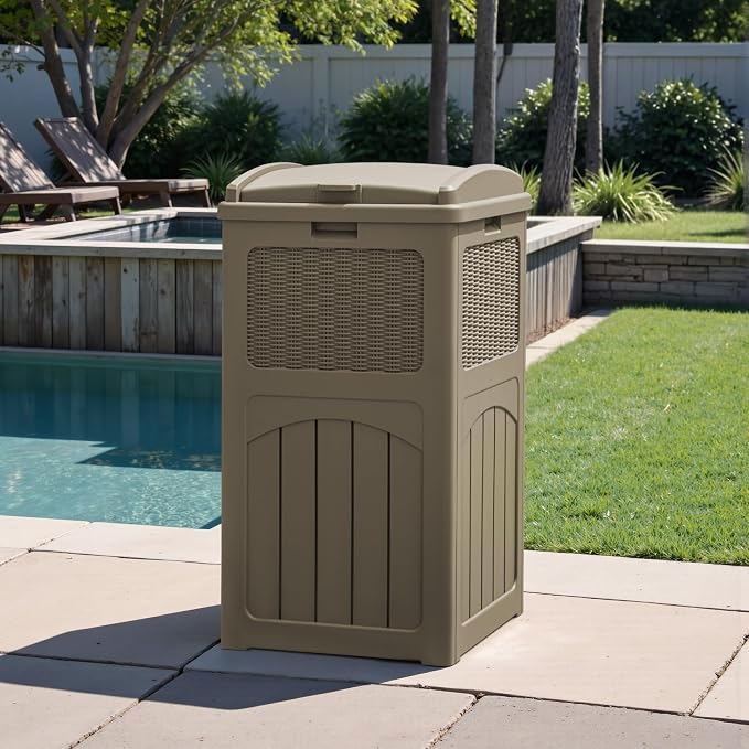 Greesum 33 Package Delivery Box for Outside, Patio Waterproof Resin Garbage Bin with Lid for Hideaway, Deck, Patio, Light Coffee