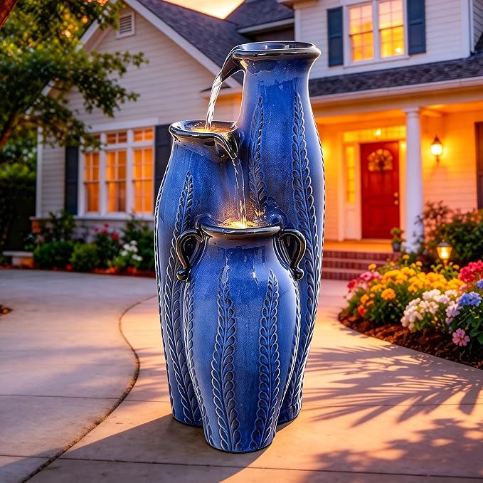 29.5" H Ceramic Outdoor Water Fountain with LED Lights, 3-Tier Vase Cascading Water Feature, Cobalt Blue with Embossed Leaf Patterns, Tranquil Waterfall for Garden, Patio, Yard, or Porch