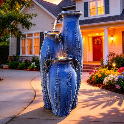 29.5" H Ceramic Outdoor Water Fountain with LED Lights, 3-Tier Vase Cascading Water Feature, Cobalt Blue with Embossed Leaf Patterns, Tranquil Waterfall for Garden, Patio, Yard, or Porch