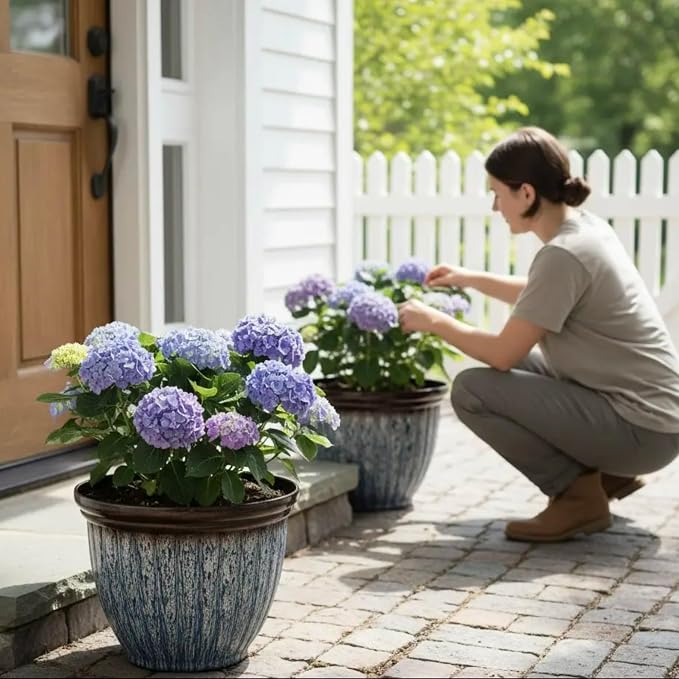 15" Large Flower Pots, 2-Pack Big Plastic Planters for Outdoor Plants | Plant Pot with 3D Textures, Artistic Floating Blue Brown Glaze, Weather-Resistant for Porch, Garden, Patio Yard or Indoor Use