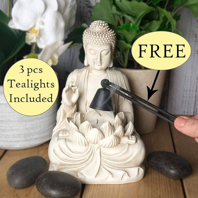 Buddha Tealight Candle Holder Statue – 8.5” Tall Polyresin - Zen Home and Garden Decor - Includes 3pcs Tea Lights and Free Candle Snuffer for Office, Indoor, Outdoor Decoration