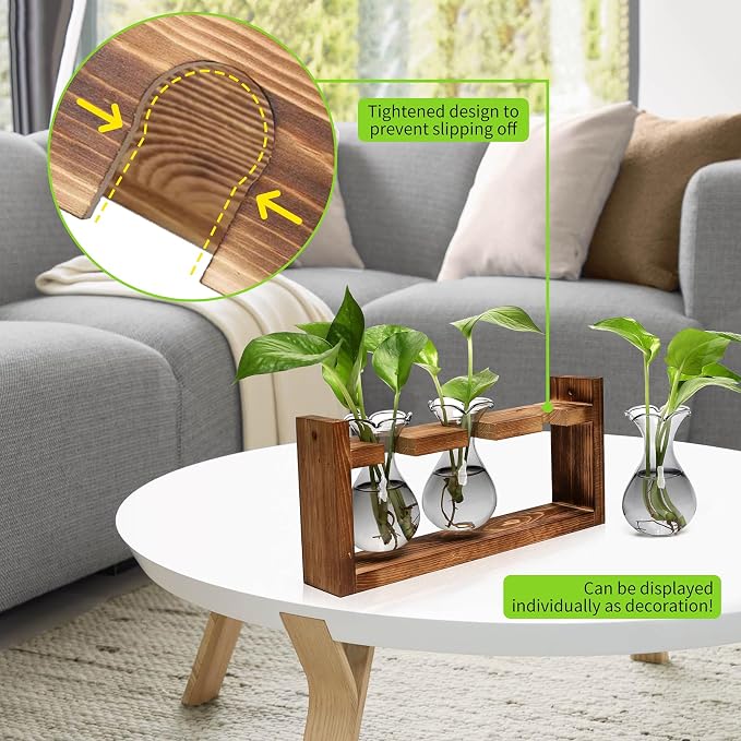 Plant Propagation Station Plant Terrarium Unique Birthday Gifts for Women | Plant Lovers Home Office Decor Planter with Wooden Stand - 3 Bulb Glass Vase