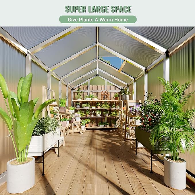 Greenhouse, 6x10 Ft Outdoor Greenhouses, Accessible Green House with Roof Vents and Sliding Doors, Aluminum Frame Polycarbonate Greenhouses, Large Greenhouse for Outdoor Gardens and Backyards, Silver