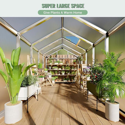 Greenhouse, 6x10 Ft Outdoor Greenhouses, Accessible Green House with Roof Vents and Sliding Doors, Aluminum Frame Polycarbonate Greenhouses, Large Greenhouse for Outdoor Gardens and Backyards, Silver