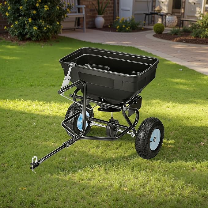VEVOR Tow Behind Broadcast Spreader, 130LBS Capacity, Tow/Push Garden Spreader with 13 in Tires, 30 Adjustable Setting & 9.8 ft Spreading Width, Lawn Spreaders for Seed, Fertilizer, Salt, Ice Melt