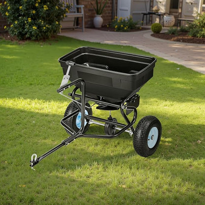 VEVOR Tow Behind Broadcast Spreader, 130LBS Capacity, Tow/Push Garden Spreader with 13 in Tires, 30 Adjustable Setting & 9.8 ft Spreading Width, Lawn Spreaders for Seed, Fertilizer, Salt, Ice Melt