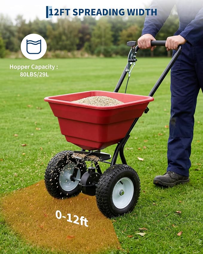 80 LBS Push Broadcast Spreader, 12FT Spreading Width, 13in All-Terrain Wheels, Adjustable Flow Control, Heavy Duty Walk Behind Lawn Spreader for Fertilizer, Grass Seed, Ice Melt, Salt