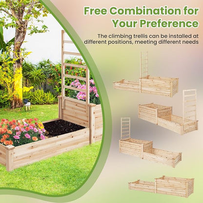 S AFSTAR Raised Garden Bed with Trellis & 2 Planter Boxes, 88" x 25" x 53" Outdoor Wooden Planter Box Kit for Flower Herb Veggies Fruit Climbing Vines, Elevated Gardening Planter for Garden Patio