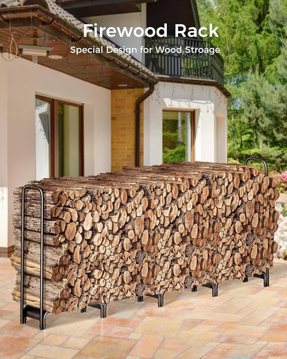Firewood Rack, 8ft Heavy Duty Fire Wood Storage Racks for Indoor Outdoor, Metal Log Holders for Firewood, Fireplace Wood Pile Storage Stacker Organizer, Black