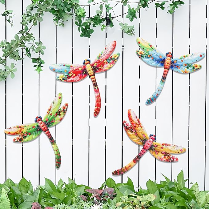 Junware Metal Dragonfly Wall Decor, 4Pcs Dragonfly Wall Art Sculptures Hanging Sculpture Decoration.Outdoor Fence Art for Home Garden, Fence, Patio, Yard, Bedroom Outside Gifts for Adults