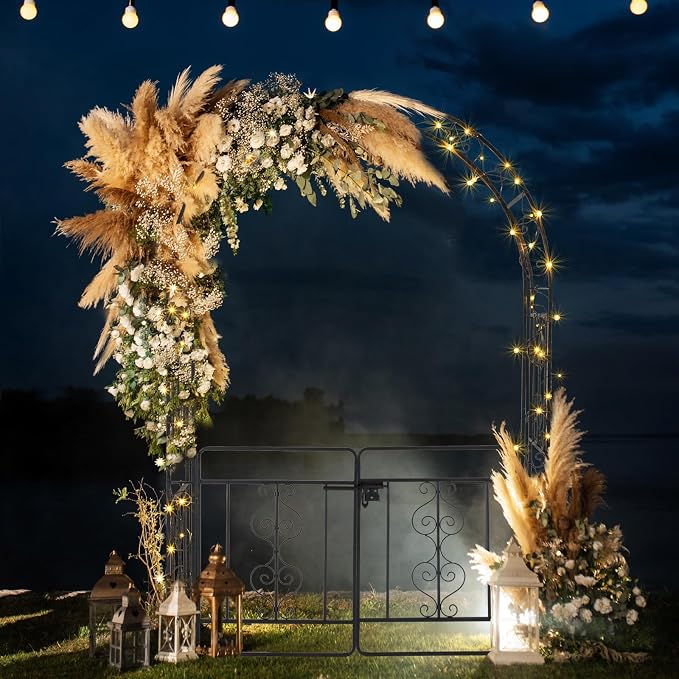 Outvita 7FT Black Metal Garden Arch Arbor with Gate | Heavy duty trellis archway with ground stakes, for climbing roses, patio, wedding & party decor