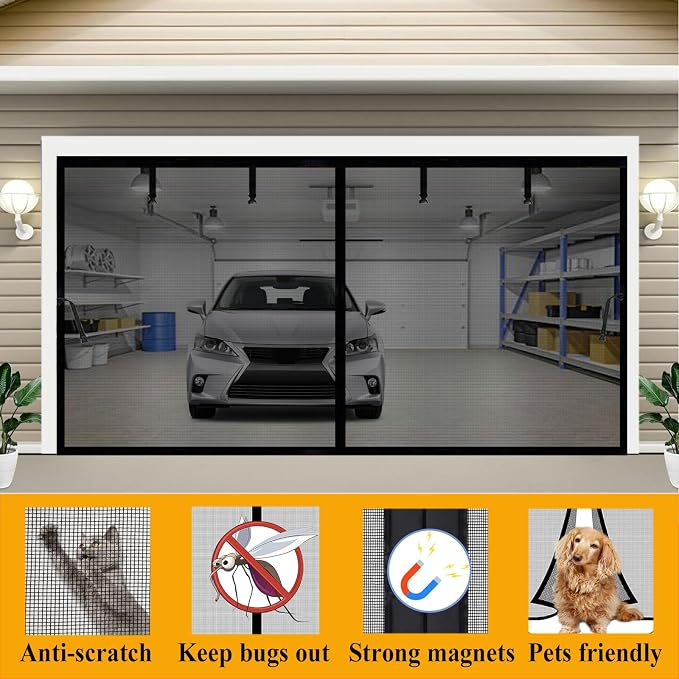 Magnetic Garage Door Screen 12x10ft for 1 Car, Hands Free Net Curtains, Retractable Fiberglass Doors Cover Closure for Garage Carport Patio Balcony Porch Gazebo Backyard Greenhouse RV (Black, 12x10ft)