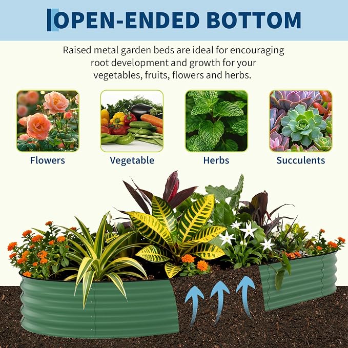 GarveeTech Oval Raised Garden Bed 10x4x1.5 ft - 0.6mm Thick Metal Raised Bed, Rust & Corrosion Resistant, Open Bottom for Drainage, Anti-Cut Strip Included, for Vegetables Flowers Planting, 2 PCS