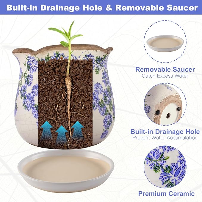 Ceramic-Planters-for-Indoor-Plants with Saucer, 6 inch Vintage Ice Crackle Glaze Plant Pots with Drainage Holes, Decorative Flower Pots for Outdoor Garden Home Decor, Tuscan Pot for Plant