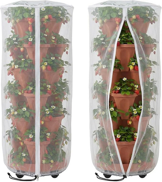 2 Pcs Vertical Plant Pot Insect Netting with Zipper, 59"x22" Stackable Planter Garden Net Cover, 6 to 7 Tier Planter Pot Insect Bird Barrier Protection Mesh for Strawberry Herb Flower Fruit Vegetable