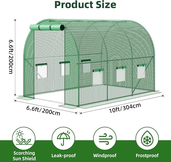 Superlele Heavy Duty Walk-in Greenhouse for Outdoor, 10x6.6x6.6FT Large Garden Green House with Reinforced PE Mesh Cover, 6 Roll-up Windows with Screen, 8 Ground Stakes and Ropes, Green