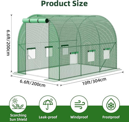 Superlele Heavy Duty Walk-in Greenhouse for Outdoor, 10x6.6x6.6FT Large Garden Green House with Reinforced PE Mesh Cover, 6 Roll-up Windows with Screen, 8 Ground Stakes and Ropes, Green