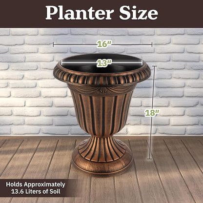 Outdoor Planter 2-Pack - 16x18-Inch Urn Planters for Front Porch Decor, Indoors, Patio or Entryway - Plastic Plant Pots - Large Decorative Flower Pots by Pure Garden (Rustic Bronze)