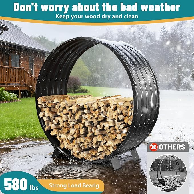 Round Heavy Duty Firewood Rack – Galvanized Wave-Shaped Steel with 4 Sturdy Legs – 0.8mm Thick Black Coated – Indoor or Outdoor Wood Holder for Fireplace,Patio & Deck Fire Pit (3.3FT Diameter)