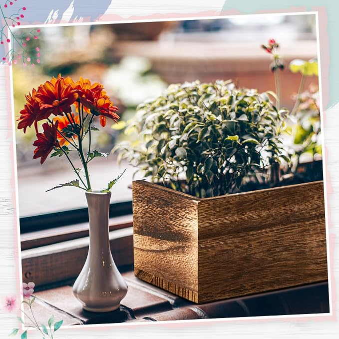 Dandat 4 Set Wood Boxes for Centerpieces 12x4 Inch Rectangle Wooden Planter Box Rustic Wood Planter with Removable Plastic Liner Floral Foam Blocks for Centerpieces Home Wedding Garden Decor