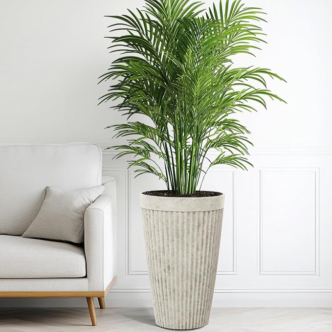 2-Pack 20" Vintage Ivory Resin Tall Planters with Fluted Texture | Set of 2 resin tall planters with fluted texture, drainage plugs, and UV-resistant finish for porch, patio, or garden.