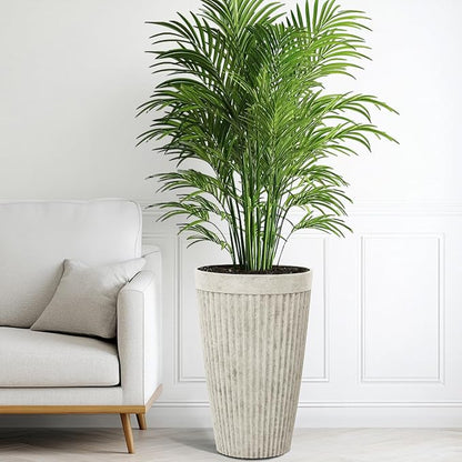 2-Pack 20" Vintage Ivory Resin Tall Planters with Fluted Texture | Set of 2 resin tall planters with fluted texture, drainage plugs, and UV-resistant finish for porch, patio, or garden.