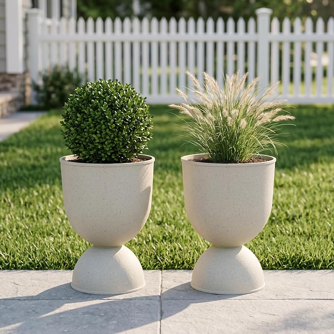 KOL Planters Flower Pots, Plastic Urn Planters for Indoor Outdoor Plants, Beige Pedestal Planter Pots 2 Pack, 15 Inch Tall Decorative Planters with Drainage Holes & Plugs for Front Porch Patio Garden
