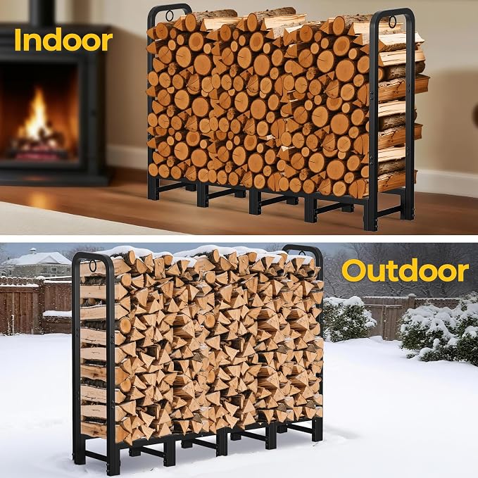 Amagabeli 5ft Firewood Log Rack Outdoor Heavy Duty Logs Holder for Fireplace Indoor Outdoor Adjustable Wood Racks for Fire Wood Holder Metal Pile Stand Storage Stacker Organizer Black