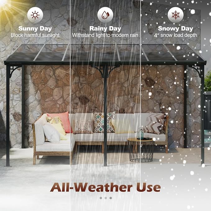 Tangkula 10x13 Ft Lean-to Wall-Mounted Gazebo, Large Hardtop Pergola with Sloped Polycarbonate Roof, Aluminum & Metal Frame, Heavy-Duty Permanent Shelter for Deck Porch Backyard (Black,10x13 FT)